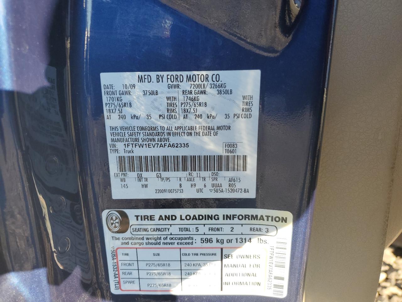 1FTFW1EV7AFA62335 2010 Ford F150 Supercrew