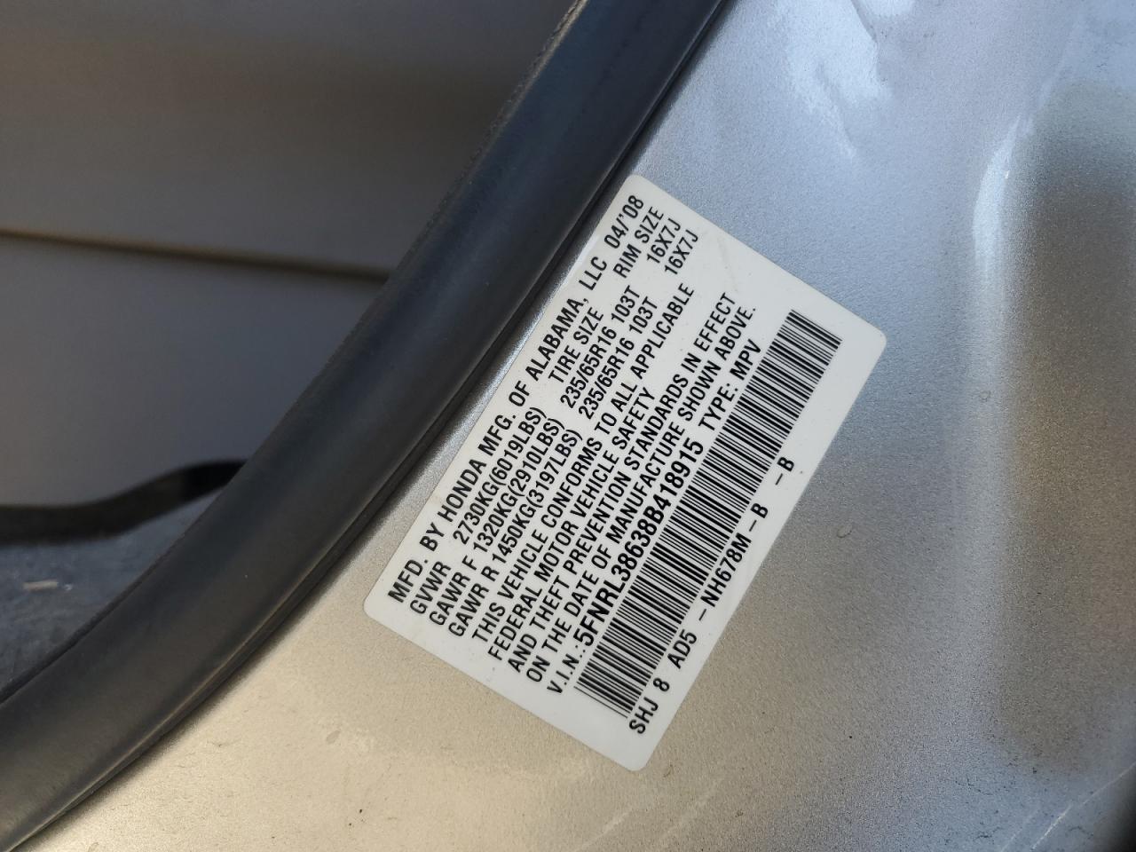 5FNRL38638B418915 2008 Honda Odyssey Exl