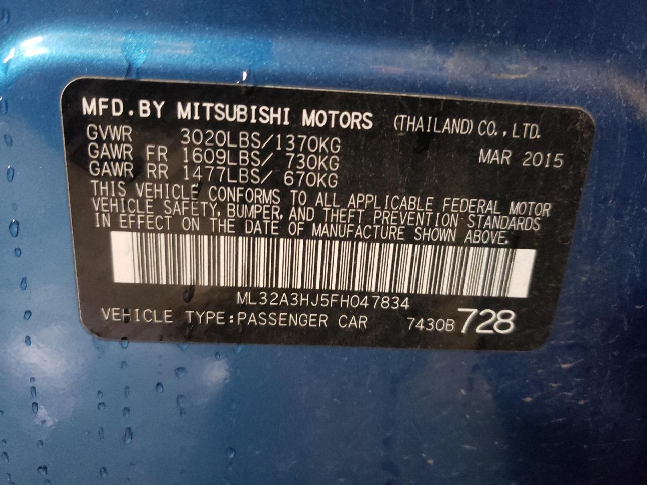 2015 Mitsubishi Mirage De VIN: ML32A3HJ5FH047834 Lot: 77771204