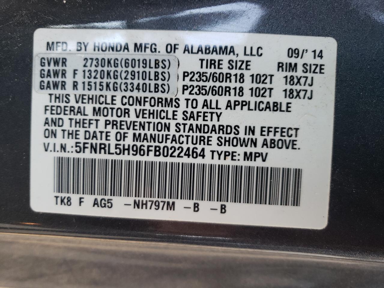 2015 Honda Odyssey Touring VIN: 5FNRL5H96FB022464 Lot: 73555184