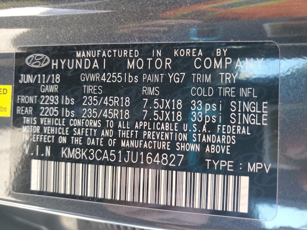 KM8K3CA51JU164827 2018 Hyundai Kona Limited