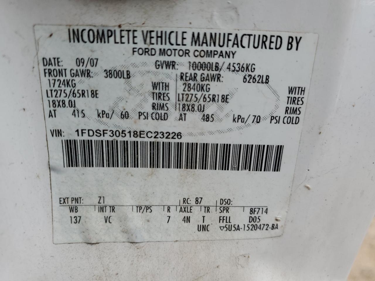 1FDSF30518EC23226 2008 Ford F350 Srw Super Duty