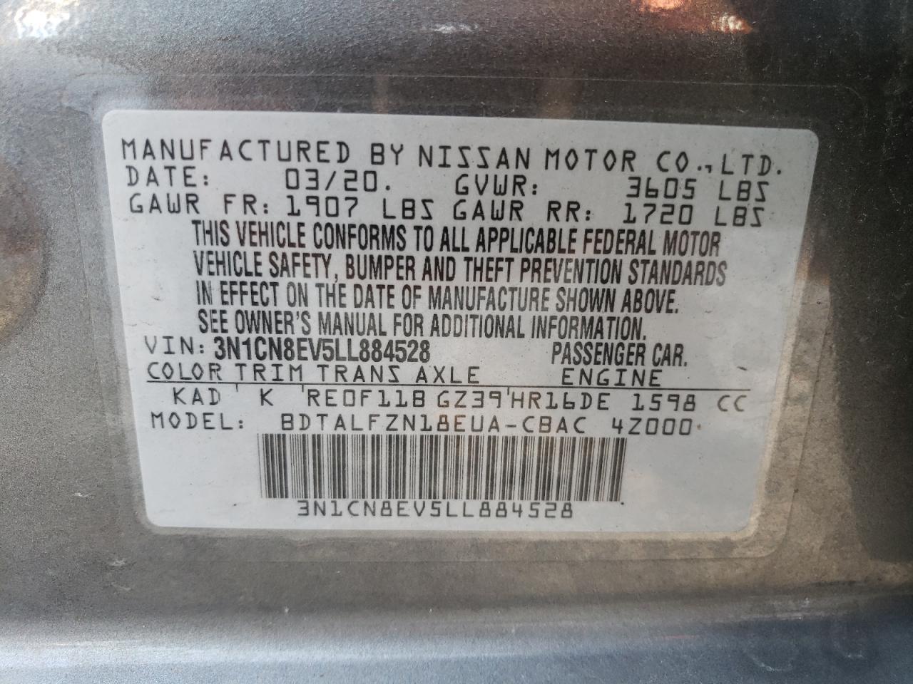 3N1CN8EV5LL884528 2020 Nissan Versa Sv