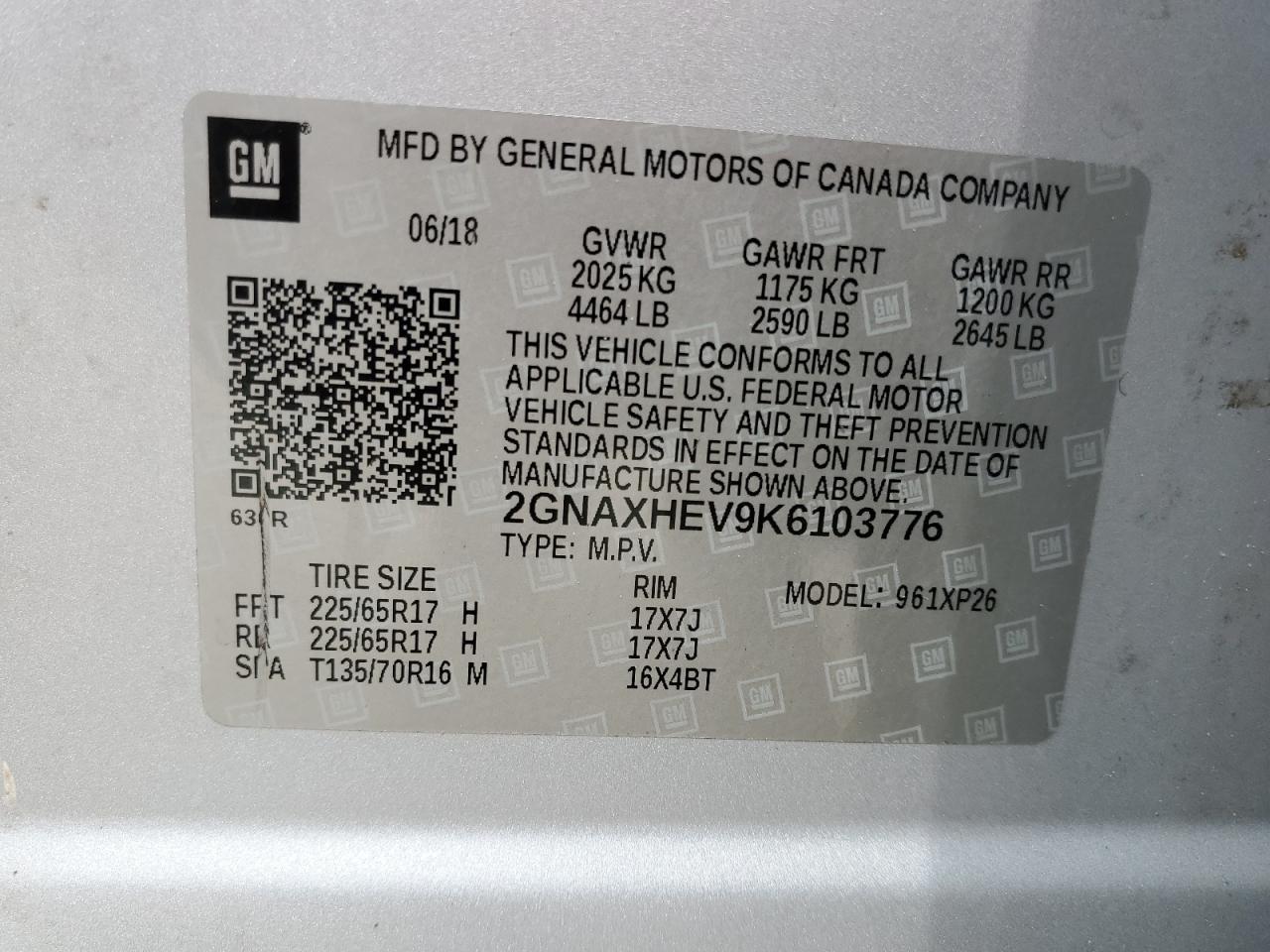 2GNAXHEV9K6103776 2019 Chevrolet Equinox Ls