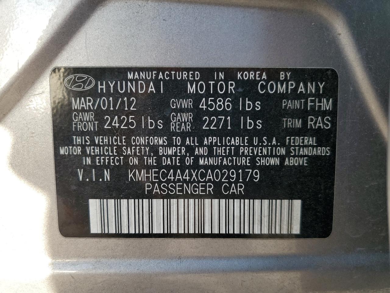 2012 Hyundai Sonata Hybrid VIN: KMHEC4A4XCA029179 Lot: 74820124