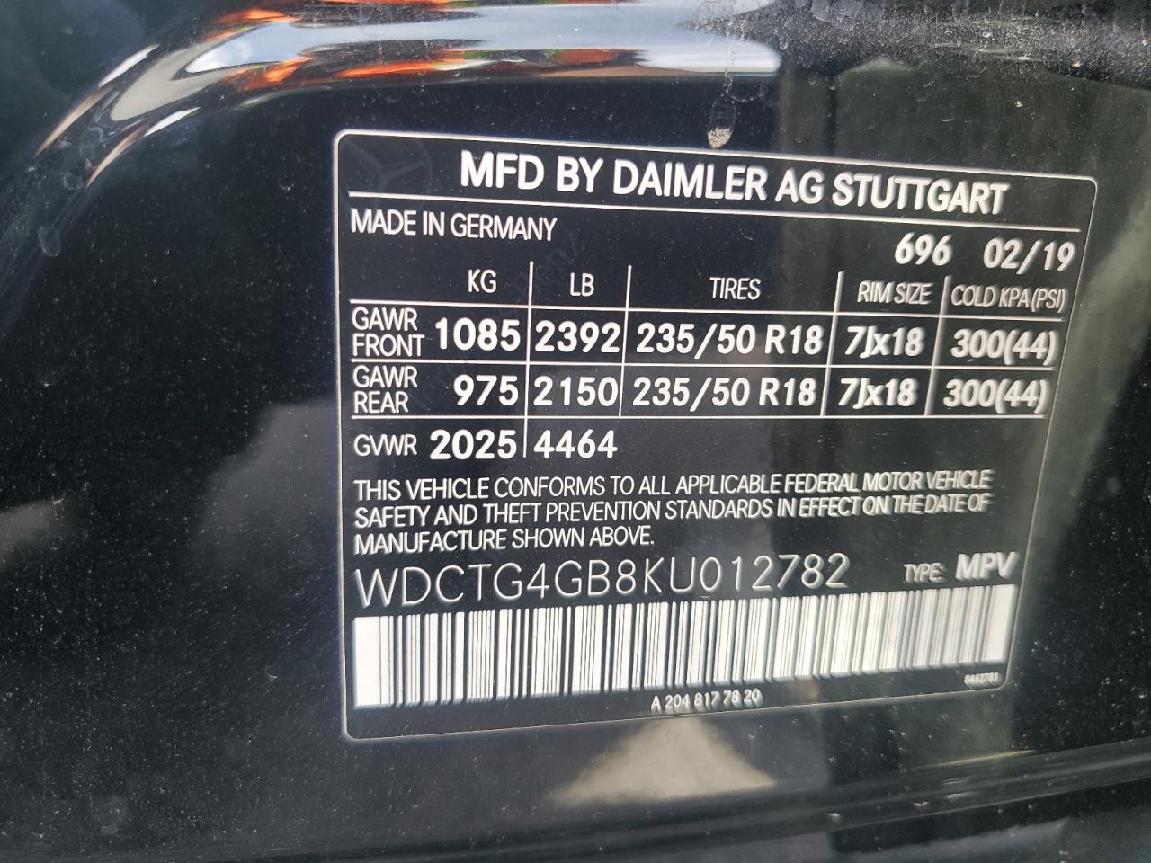 WDCTG4GB8KU012782 2019 Mercedes-Benz Gla 250 4Matic