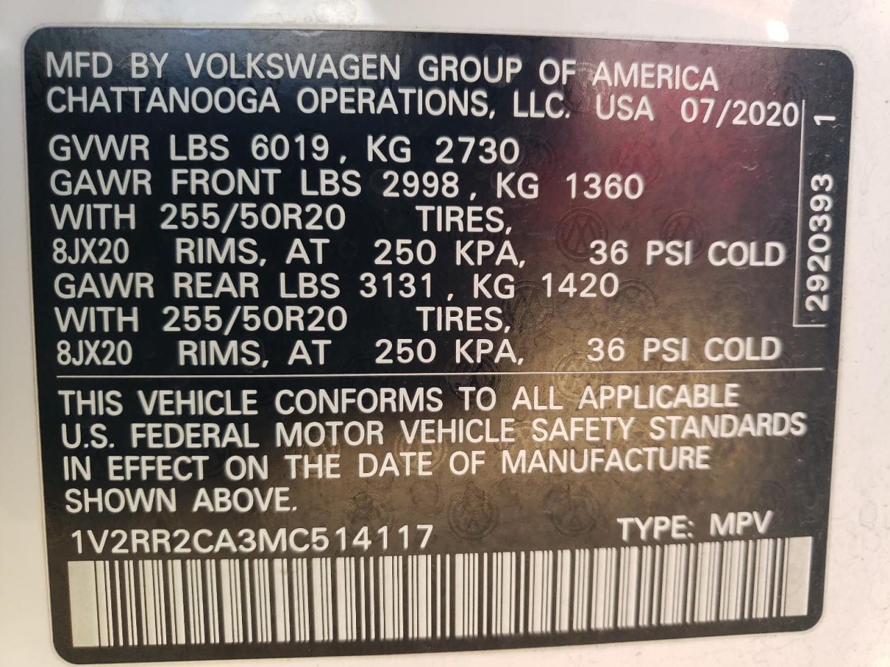 2021 Volkswagen Atlas Se VIN: 1V2RR2CA3MC514117 Lot: 77072974