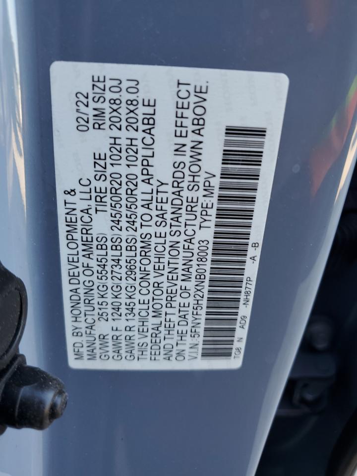 5FNYF5H2XNB018003 2022 Honda Pilot Se