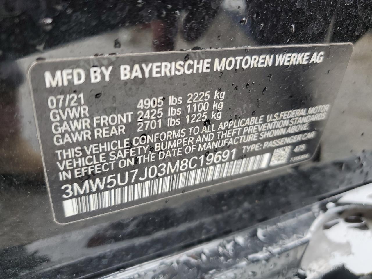 2021 BMW M340I VIN: 3MW5U7J03M8C19691 Lot: 78225074