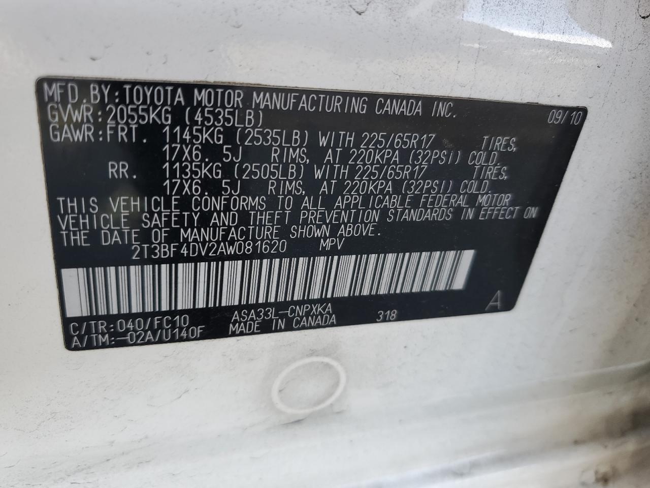 2010 Toyota Rav4 VIN: 2T3BF4DV2AW081620 Lot: 75690524