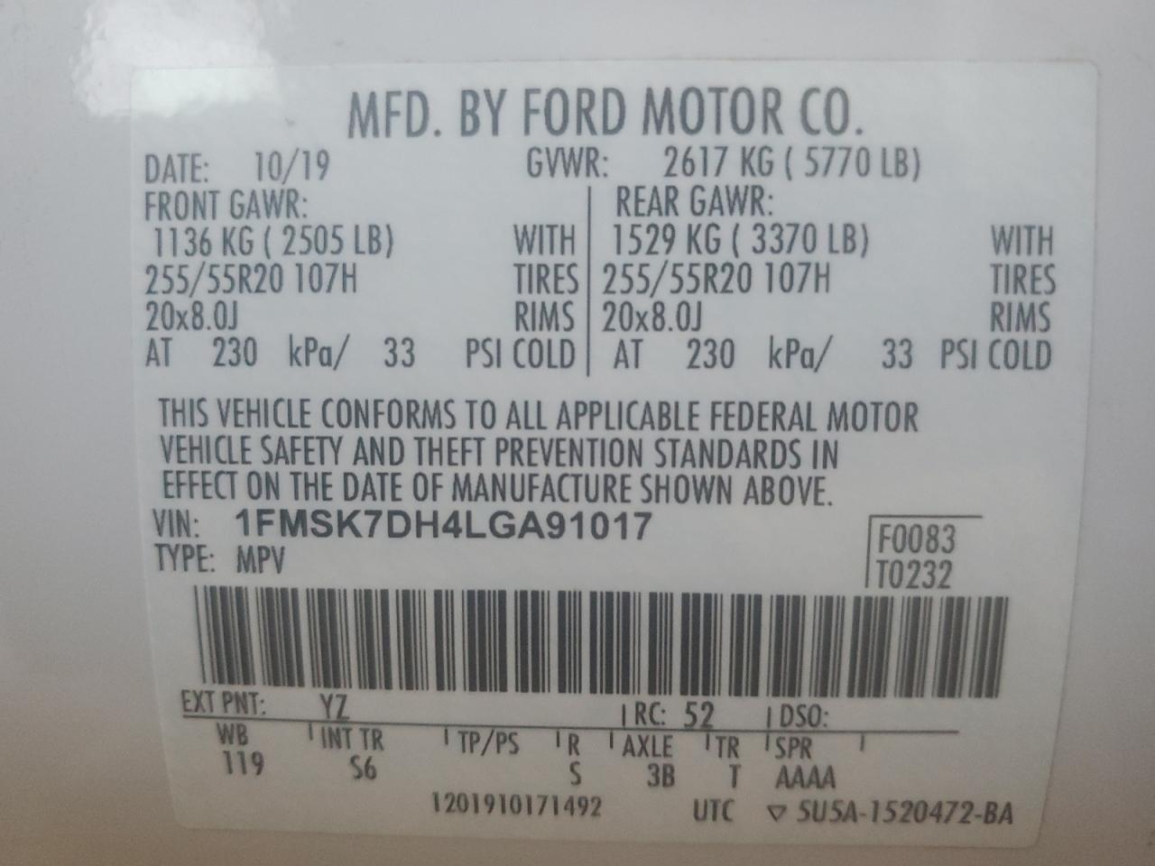 1FMSK7DH4LGA91017 2020 Ford Explorer Xlt