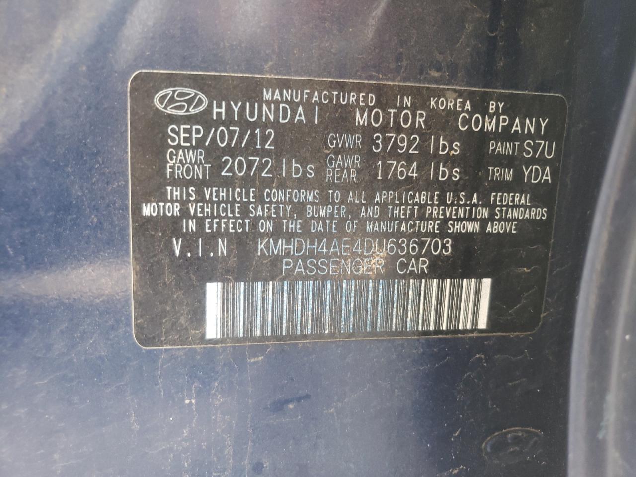 2013 Hyundai Elantra Gls VIN: KMHDH4AE4DU636703 Lot: 74619694