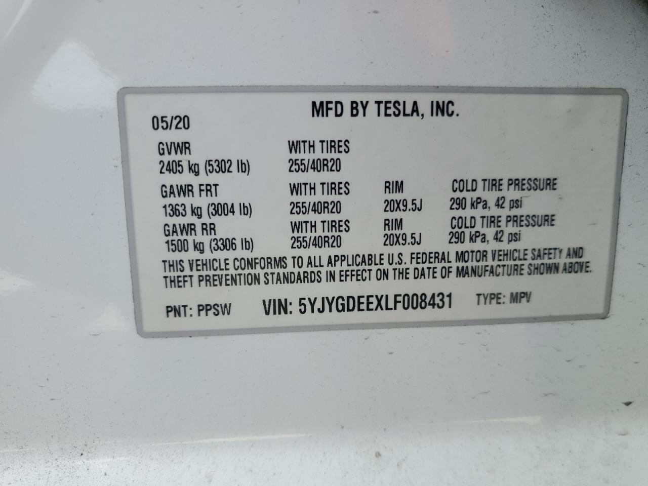 5YJYGDEEXLF008431 2020 Tesla Model Y