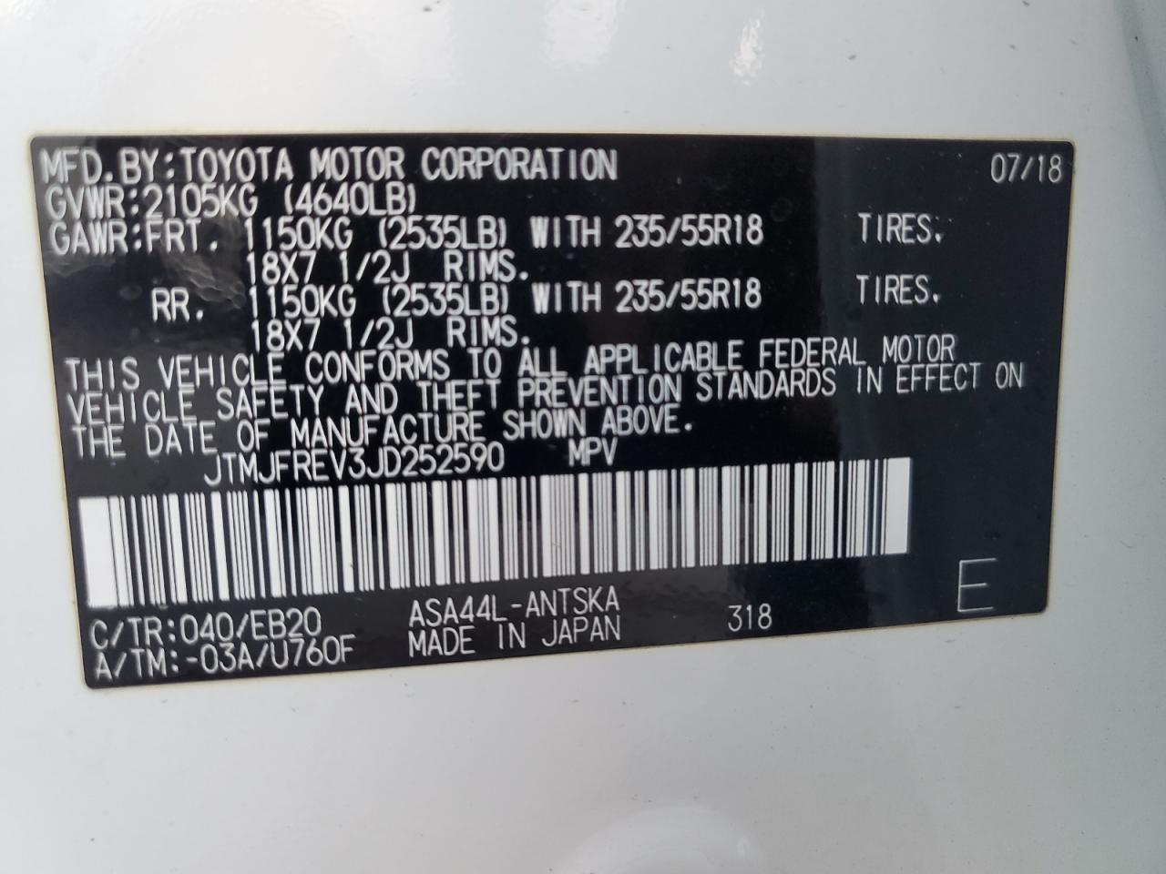 JTMJFREV3JD252590 2018 Toyota Rav4 Se