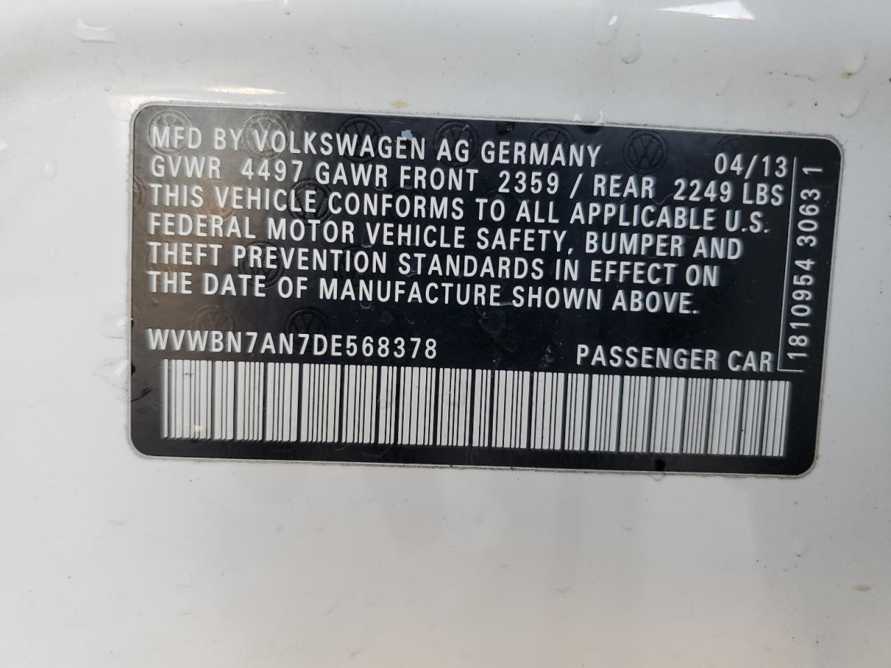 2013 Volkswagen Cc Sport VIN: WVWBN7AN7DE568378 Lot: 74575974