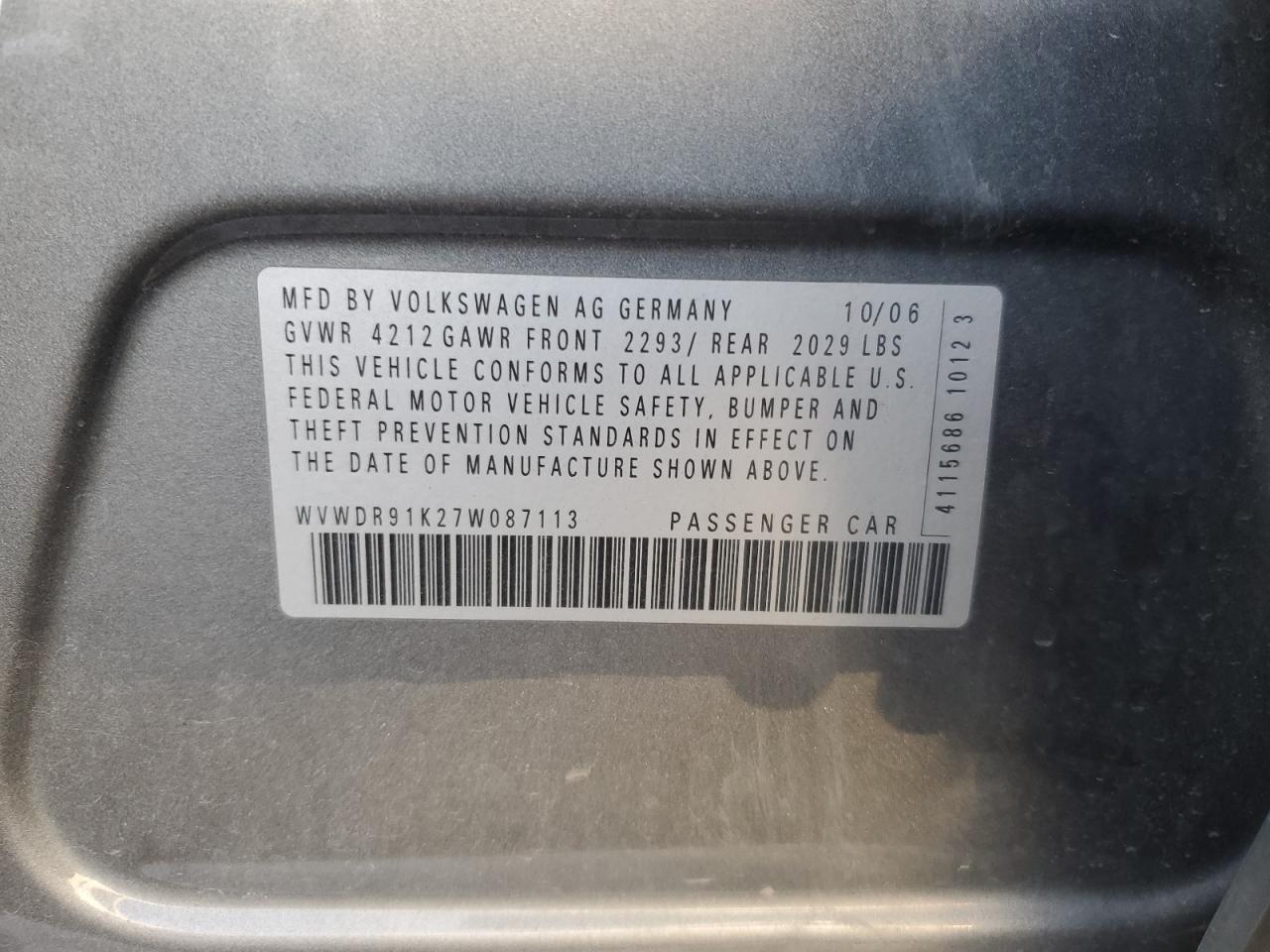 WVWDR91K27W087113 2007 Volkswagen Rabbit