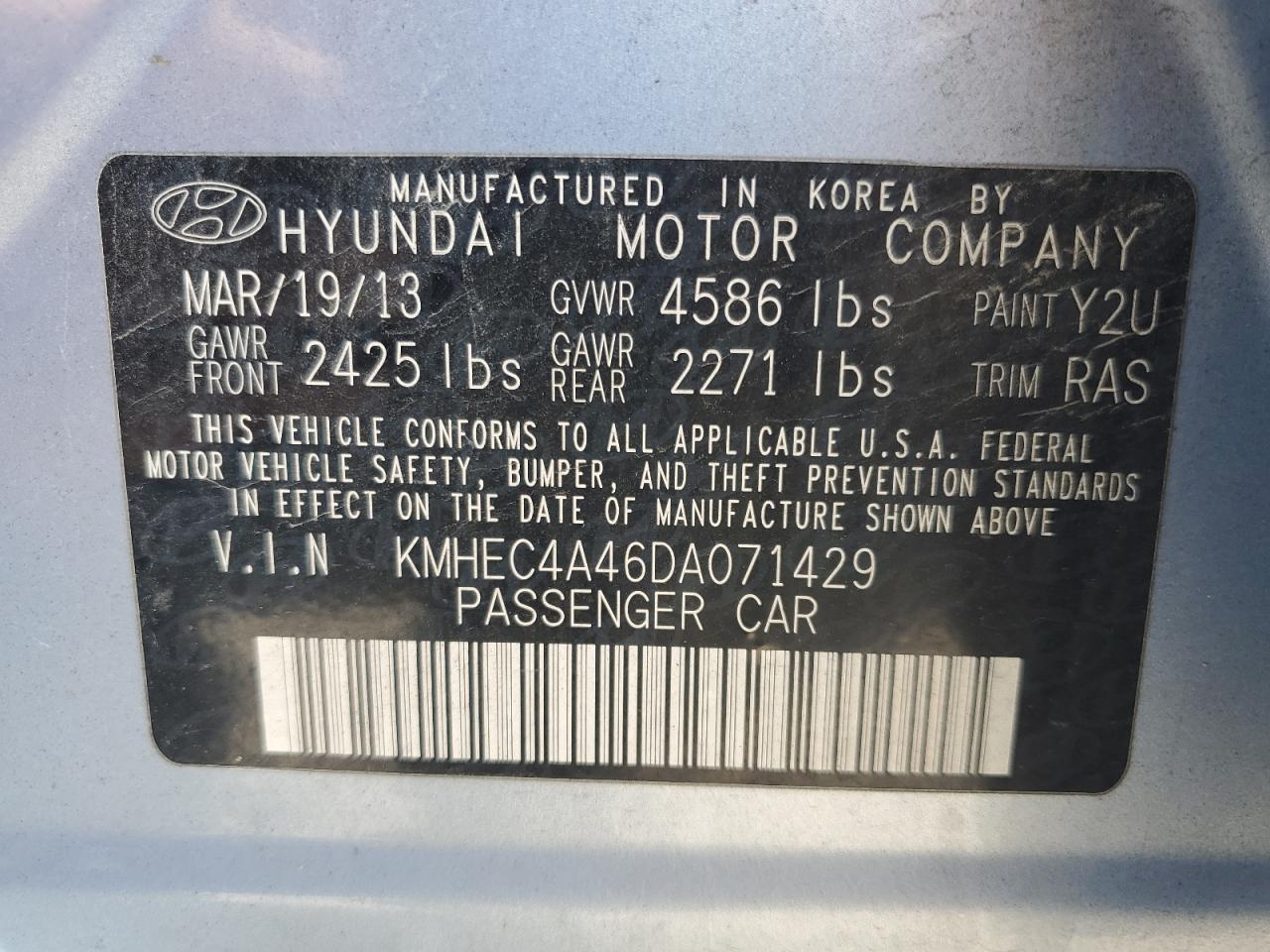 2013 Hyundai Sonata Hybrid VIN: KMHEC4A46DA071429 Lot: 75626274