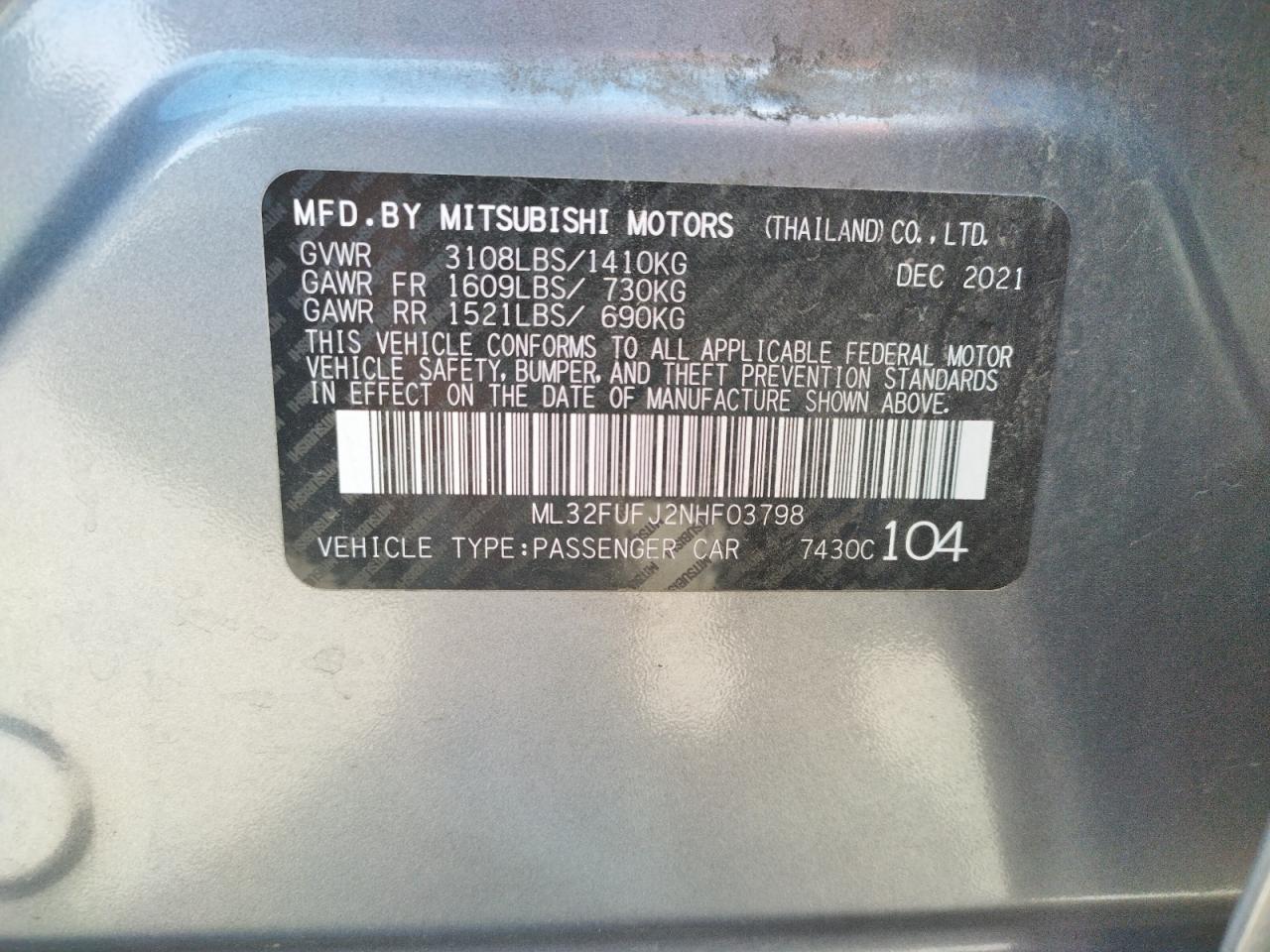 2022 Mitsubishi Mirage G4 Es VIN: ML32FUFJ2NHF03798 Lot: 77067524