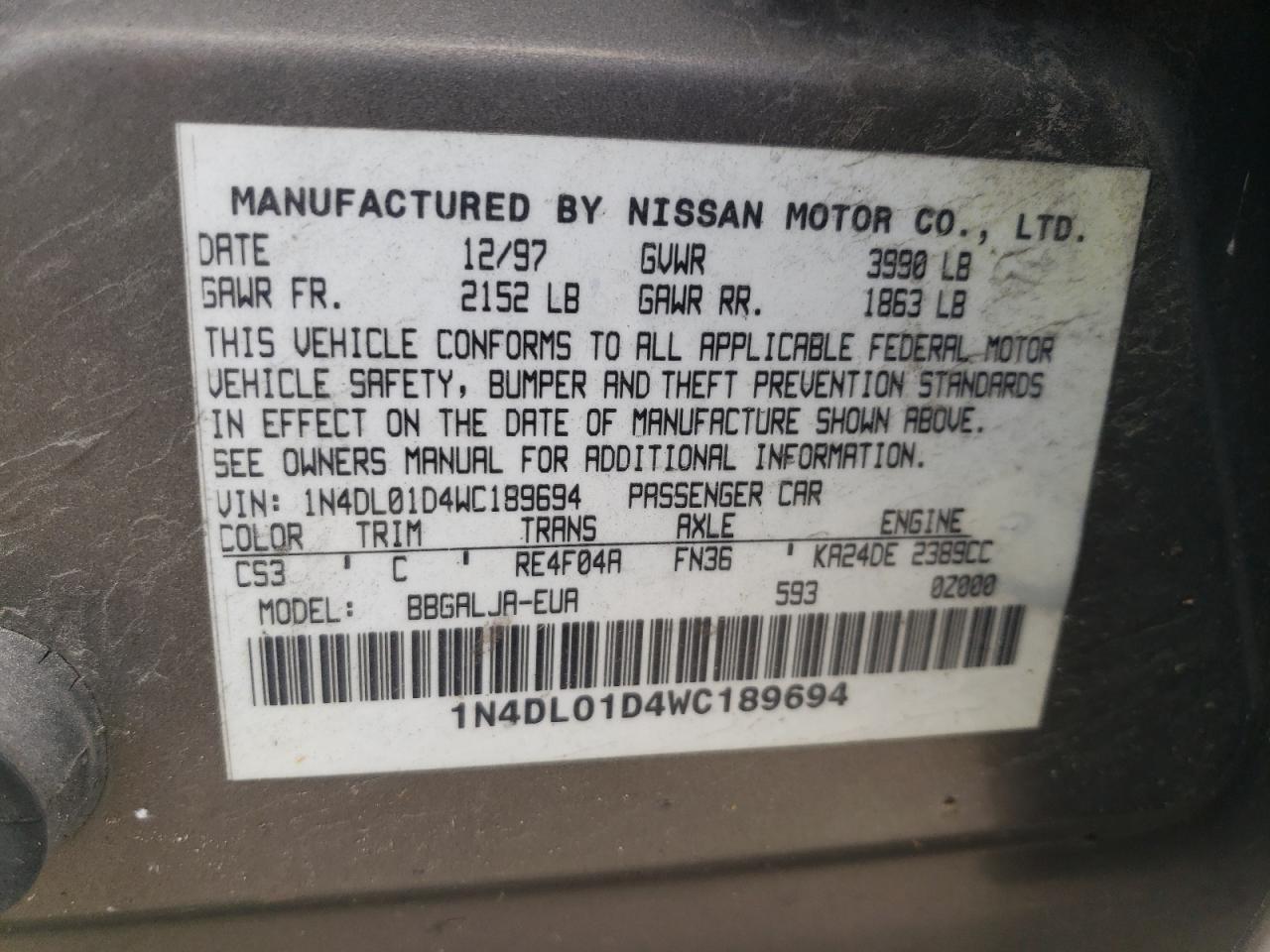 1N4DL01D4WC189694 1998 Nissan Altima Xe