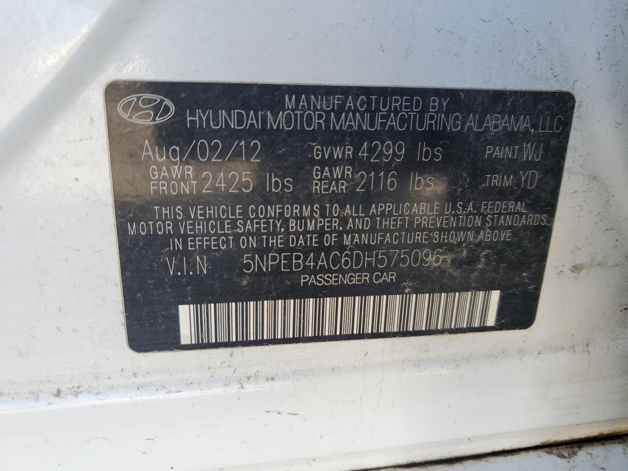 5NPEB4AC6DH575096 2013 Hyundai Sonata Gls