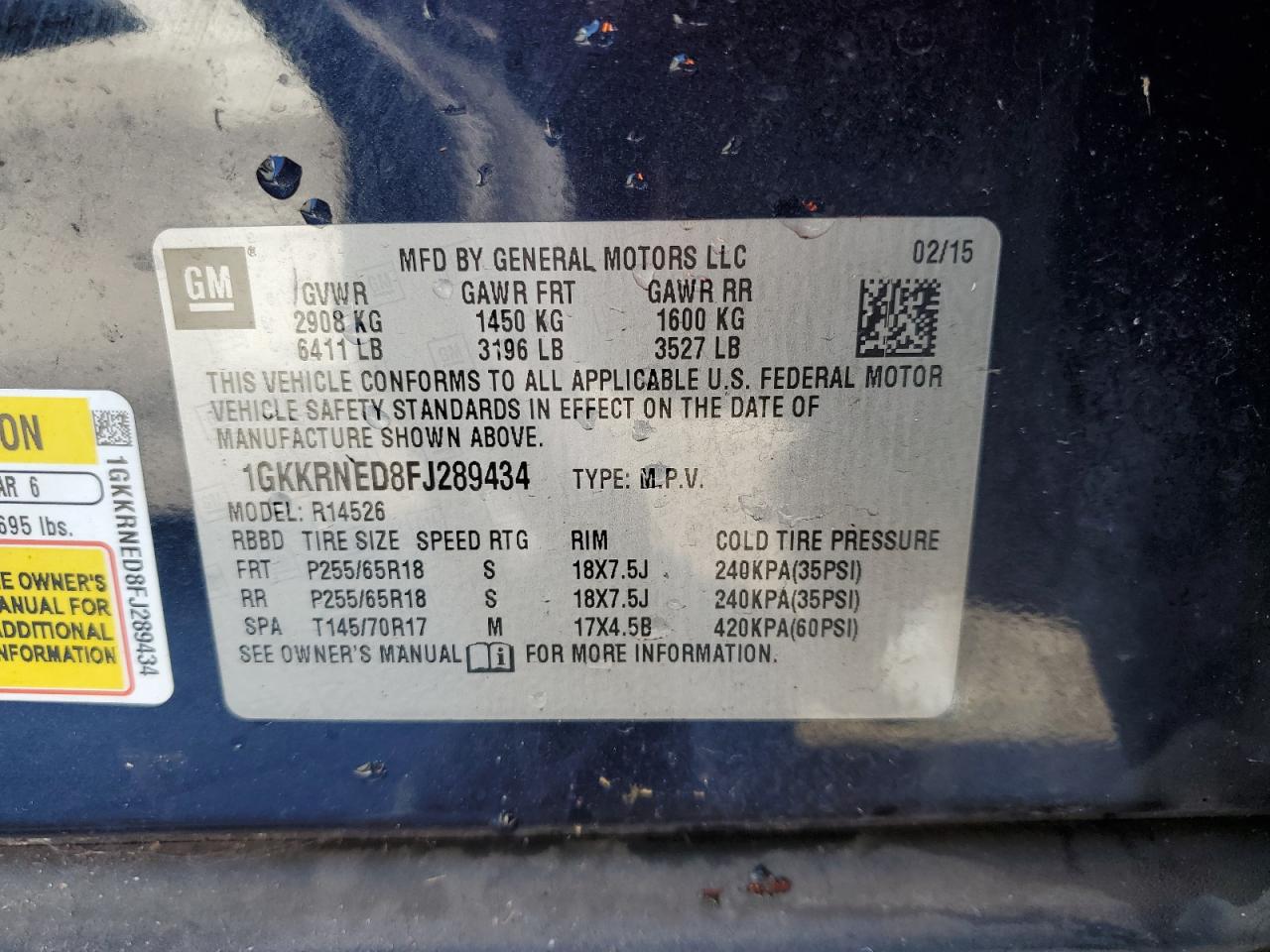 1GKKRNED8FJ289434 2015 GMC Acadia Sle