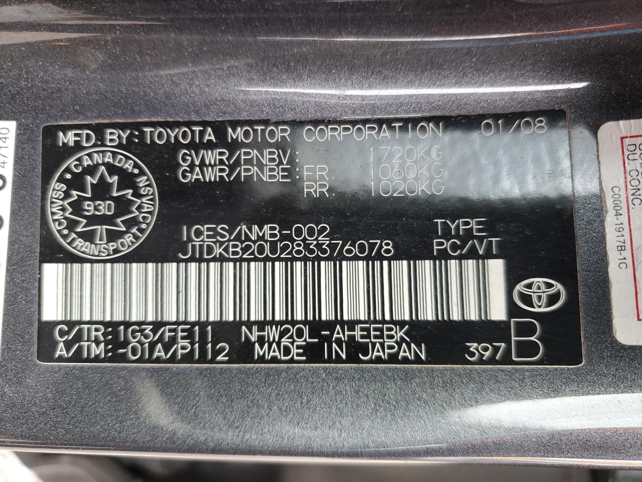 JTDKB20U283376078 2008 Toyota Prius