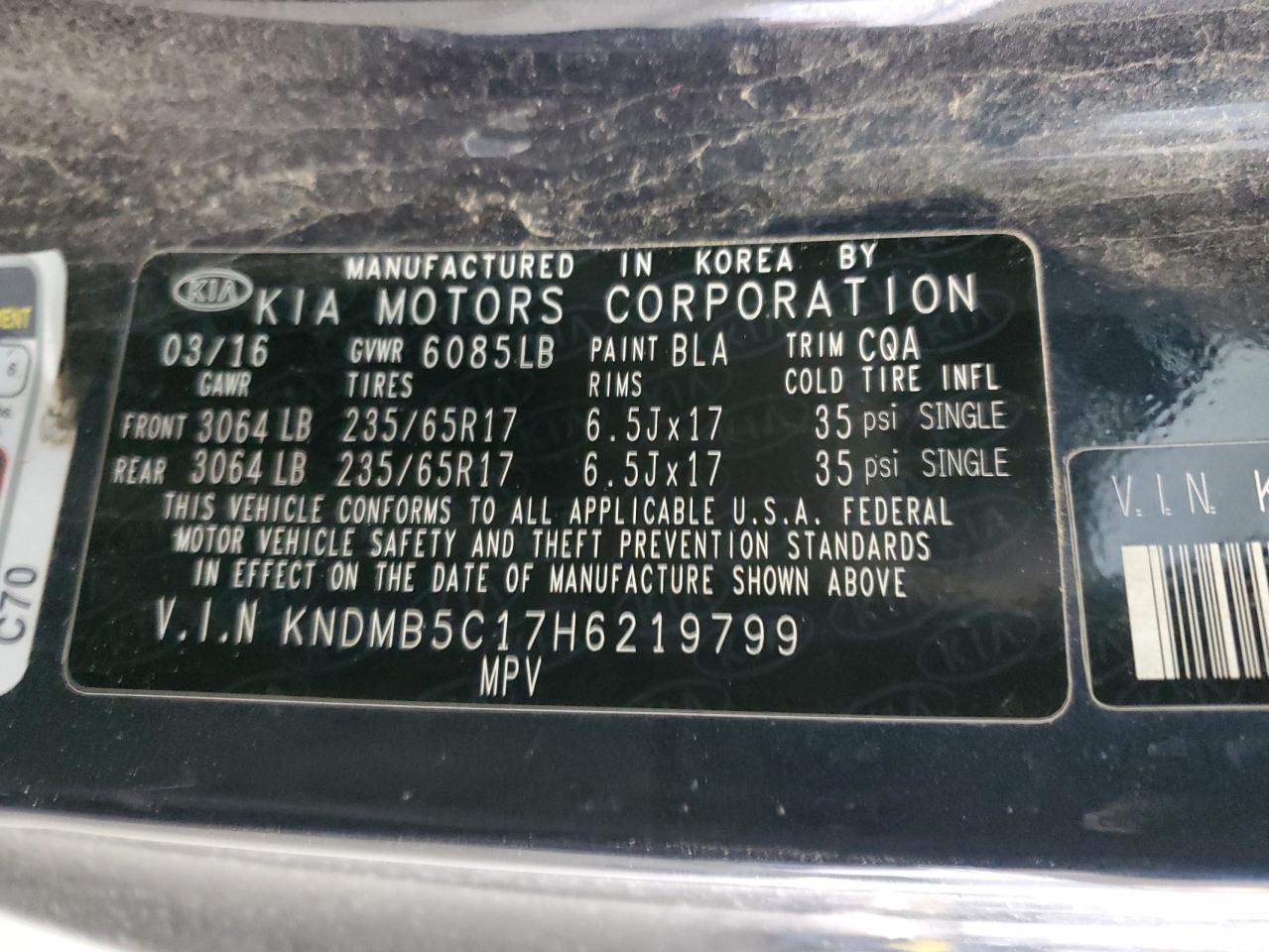 KNDMB5C17H6219799 2017 Kia Sedona Lx