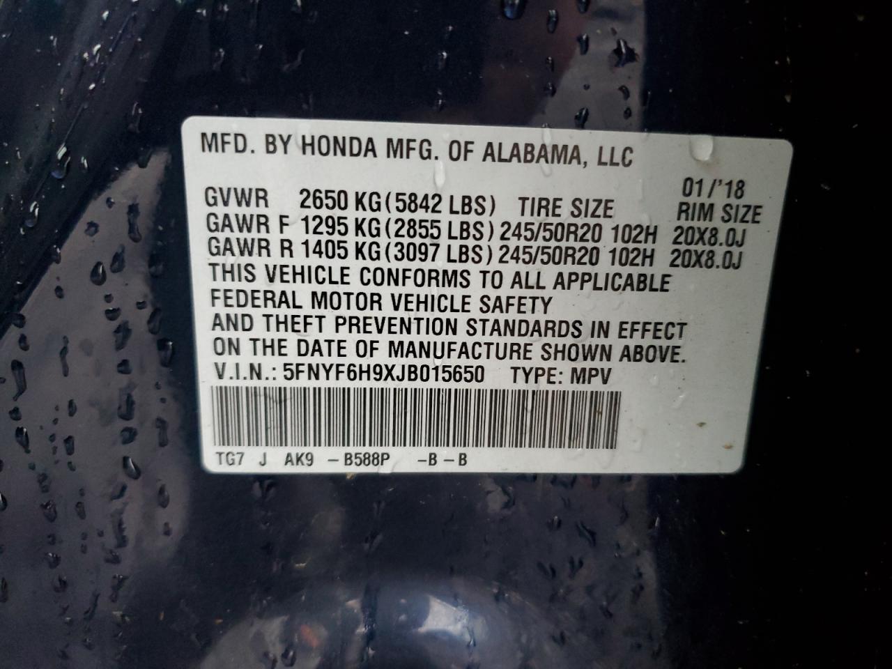 2018 Honda Pilot Touring VIN: 5FNYF6H9XJB015650 Lot: 81300754