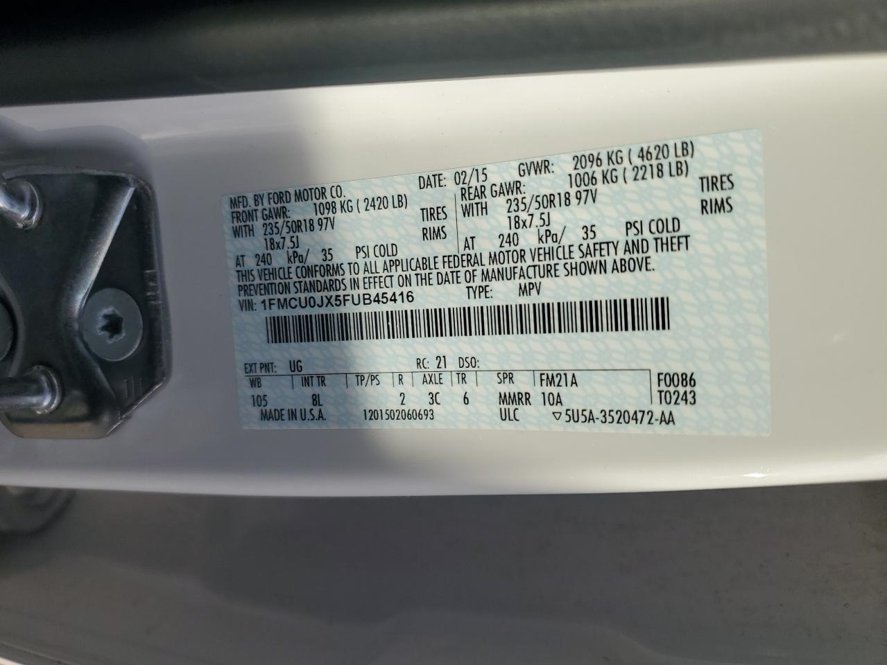 1FMCU0JX5FUB45416 2015 Ford Escape Titanium