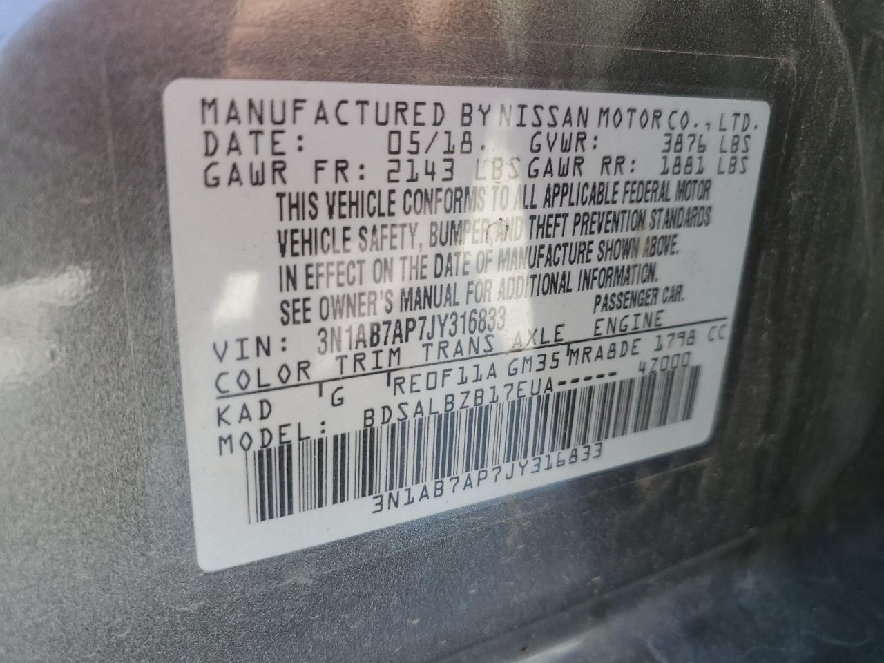 3N1AB7AP7JY316833 2018 Nissan Sentra S