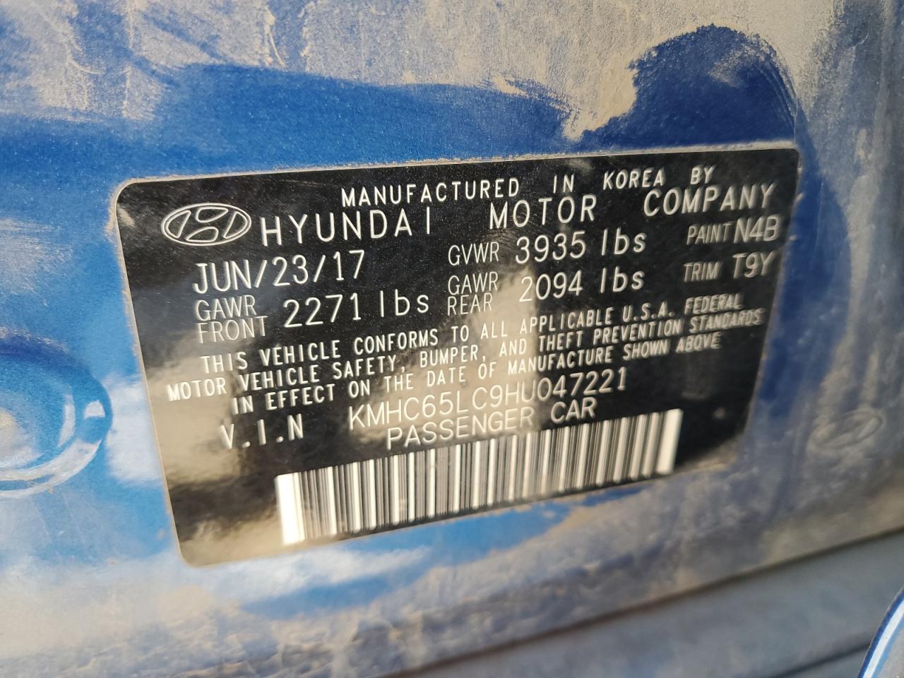 KMHC65LC9HU047221 2017 Hyundai Ioniq Blue