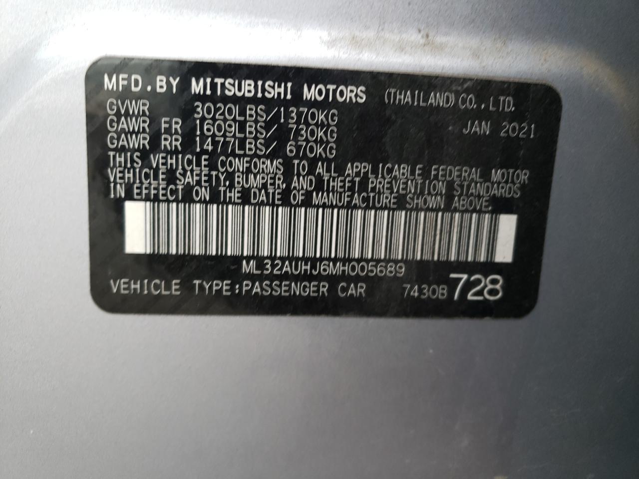 2021 Mitsubishi Mirage Es VIN: ML32AUHJ6MH005689 Lot: 79526174