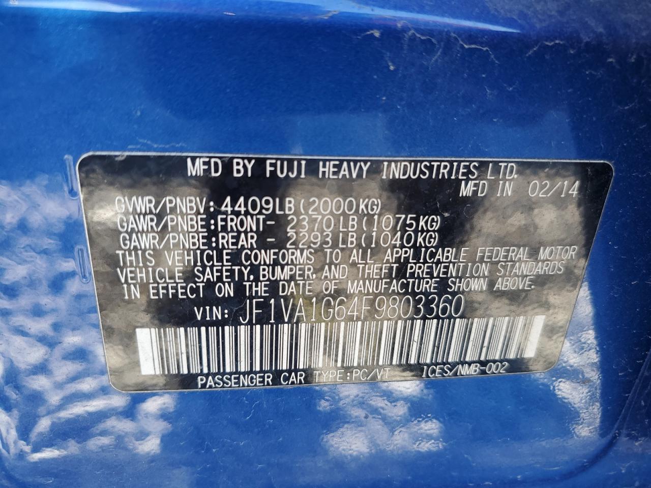 2015 Subaru Wrx Limited VIN: JF1VA1G64F9803360 Lot: 82093654