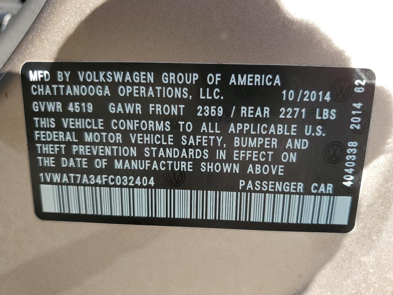 1VWAT7A34FC032404 2015 Volkswagen Passat S