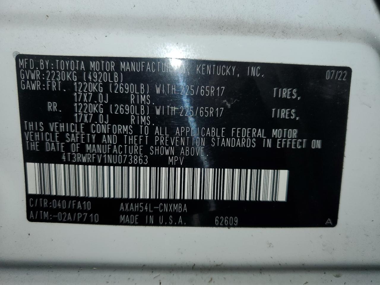 4T3RWRFV1NU073863 2022 Toyota Rav4 Xle