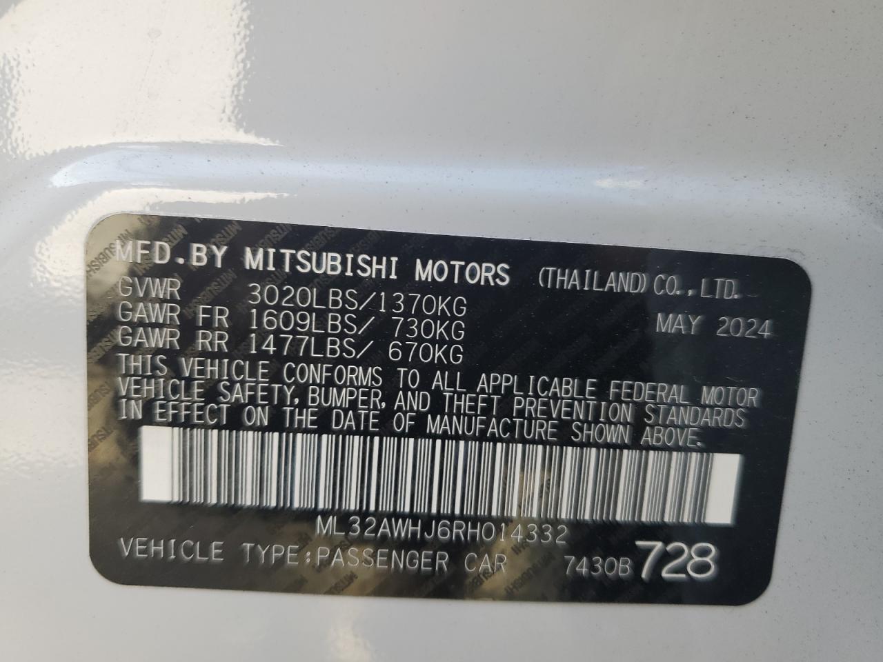 2024 Mitsubishi Mirage Se VIN: ML32AWHJ6RH014332 Lot: 80527004