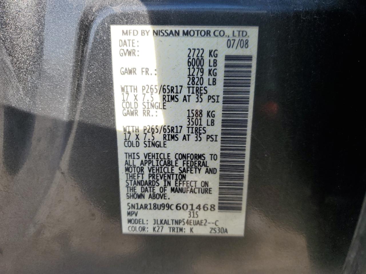 5N1AR18U99C601468 2009 Nissan Pathfinder S