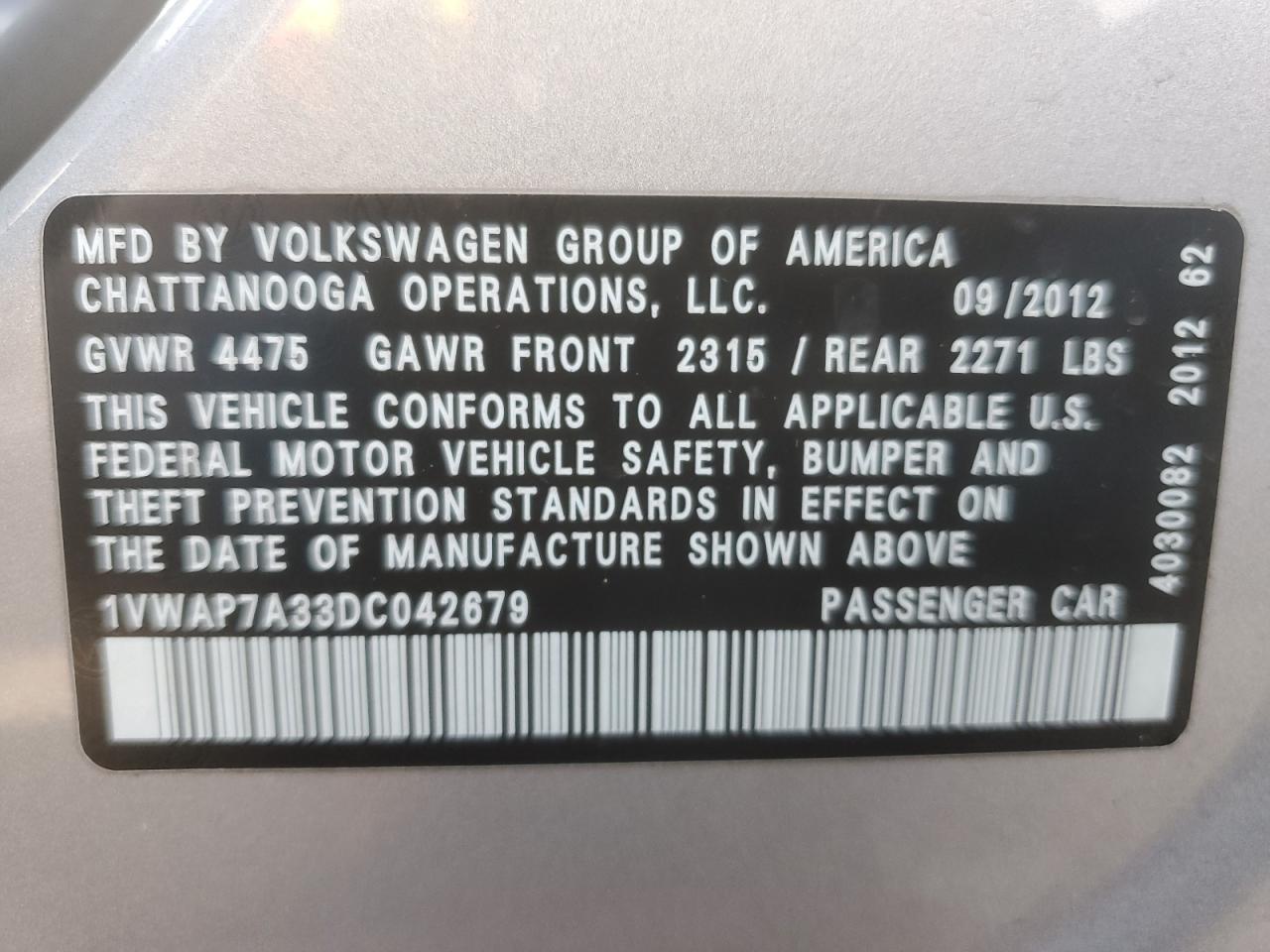 1VWAP7A33DC042679 2013 Volkswagen Passat S