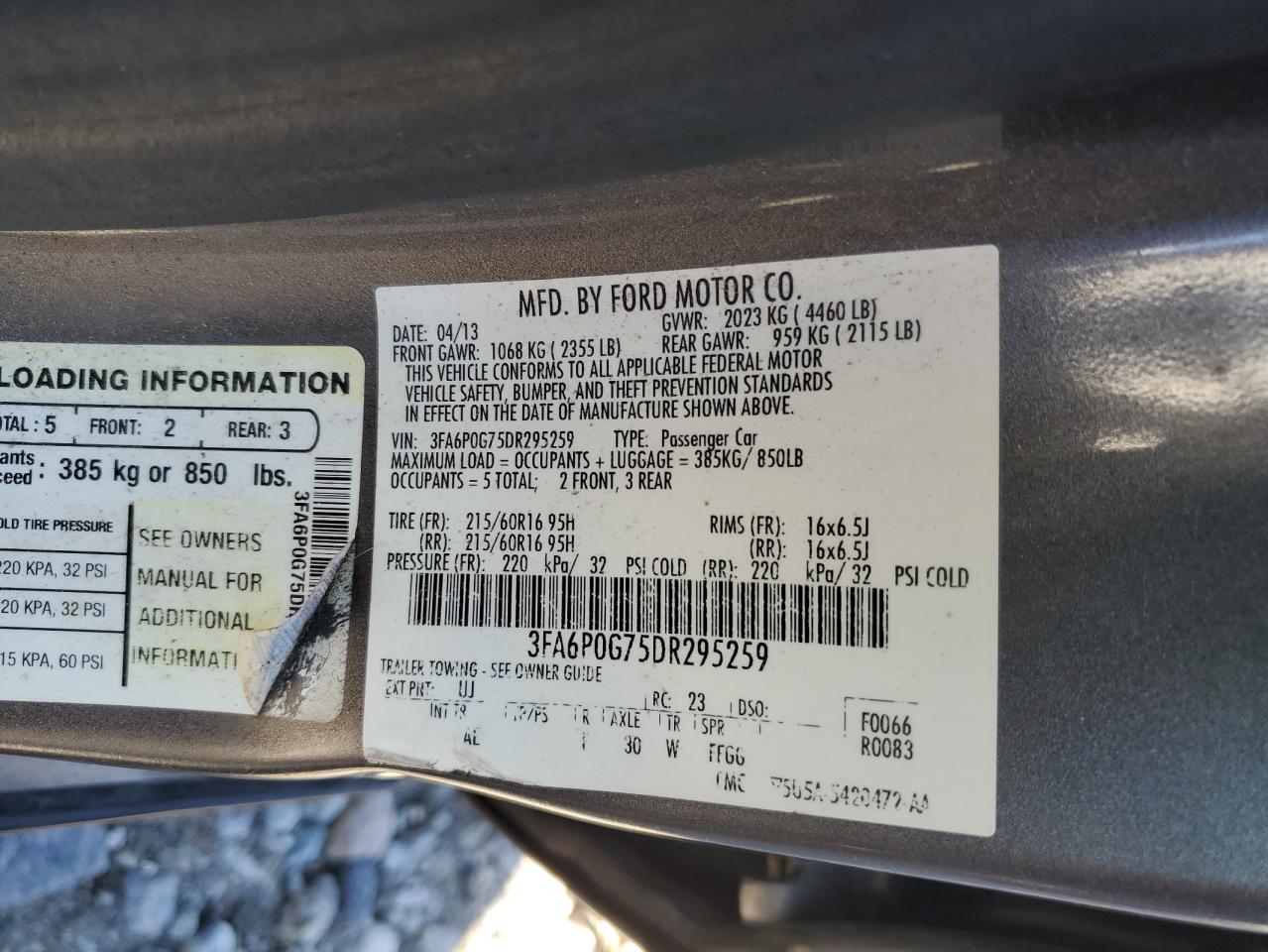 3FA6P0G75DR295259 2013 Ford Fusion S