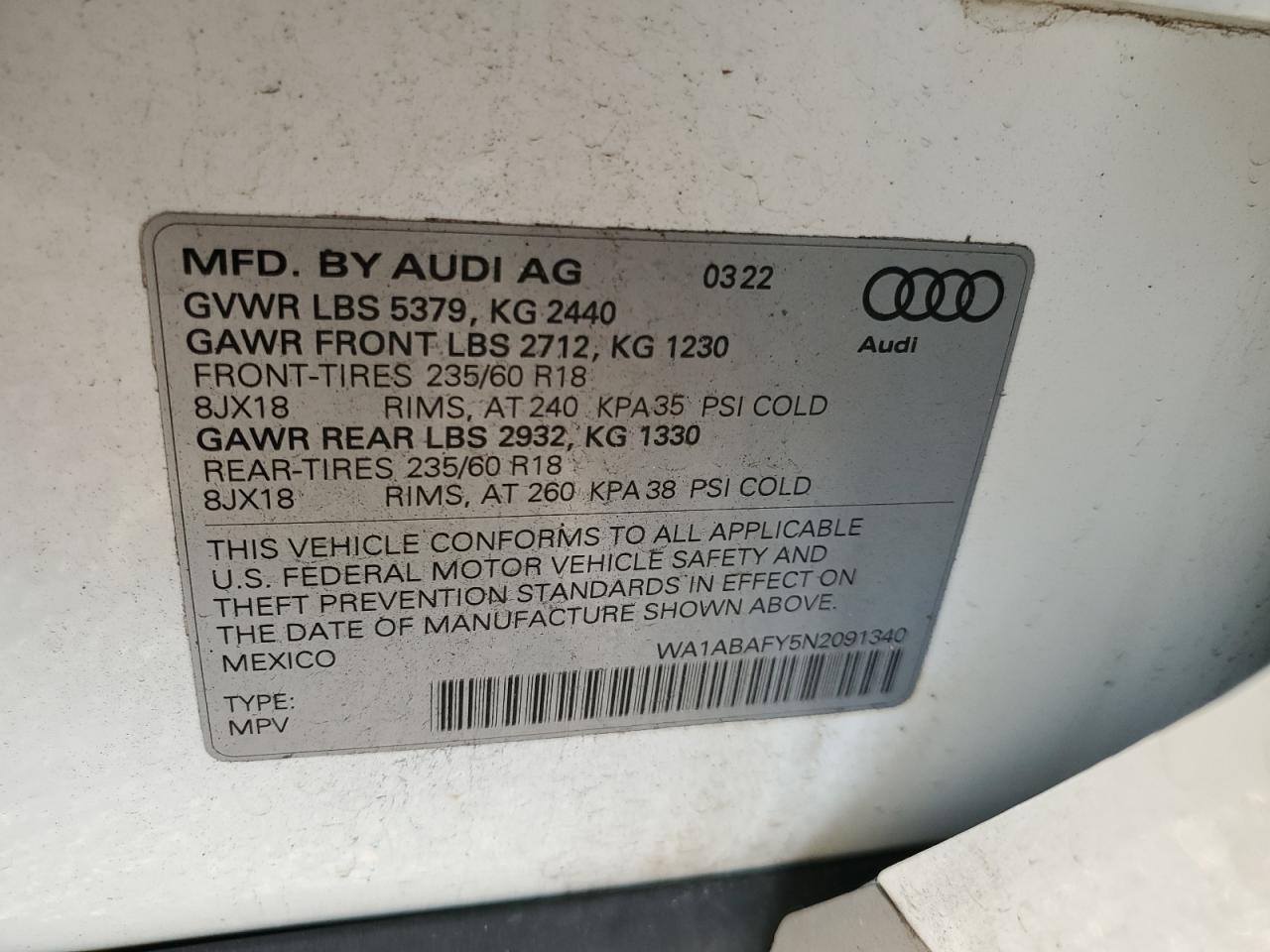 2022 Audi Q5 Premium 40 VIN: WA1ABAFY5N2091340 Lot: 81813484