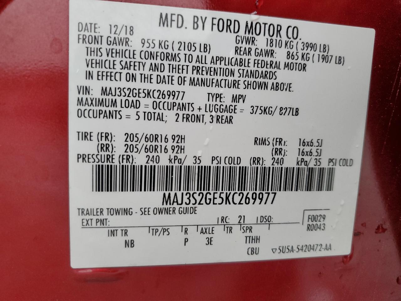 MAJ3S2GE5KC269977 2019 Ford Ecosport Se