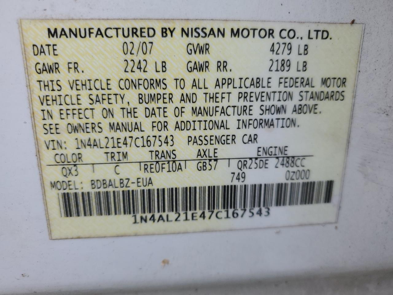 1N4AL21E47C167543 2007 Nissan Altima 2.5