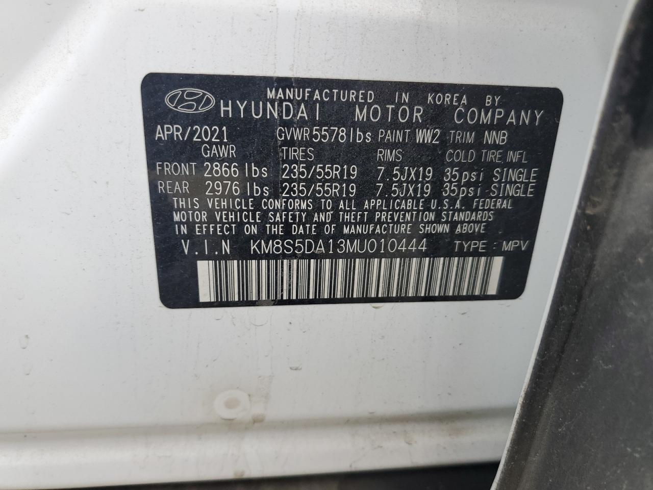 KM8S5DA13MU010444 2021 Hyundai Santa Fe Limited