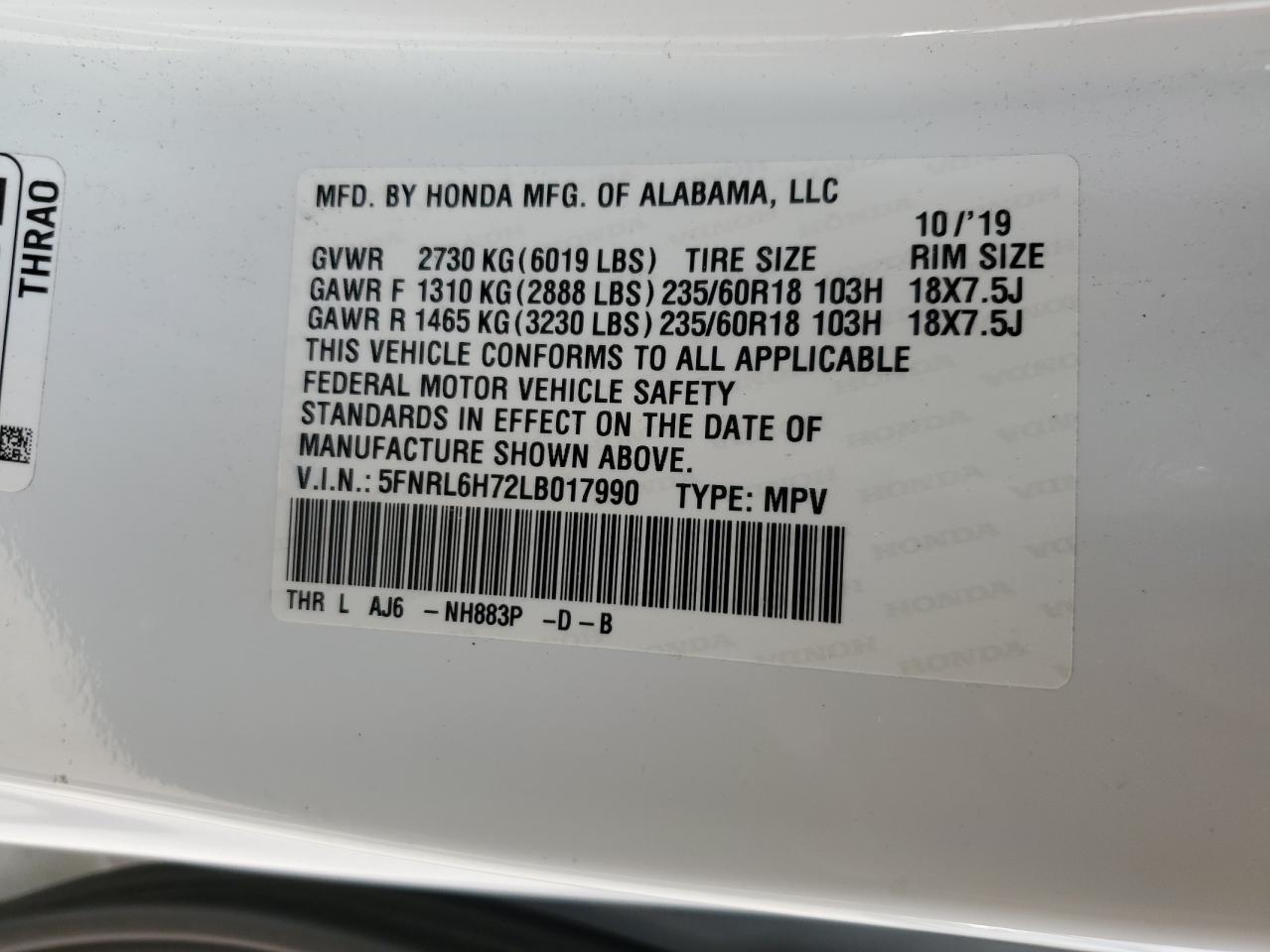 2020 Honda Odyssey Exl VIN: 5FNRL6H72LB017990 Lot: 82842164