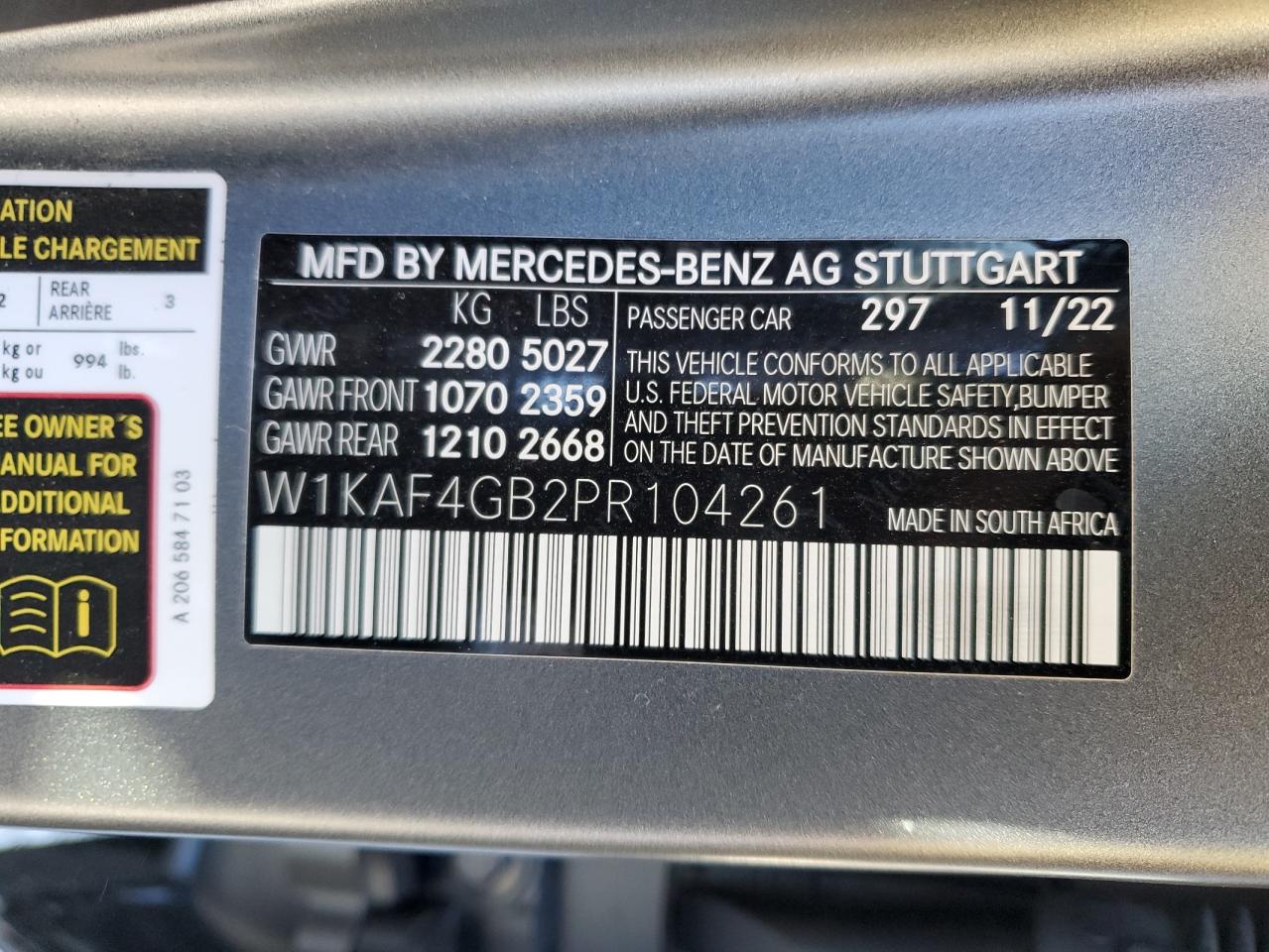 2023 Mercedes-Benz C 300 VIN: W1KAF4GB2PR104261 Lot: 80262474