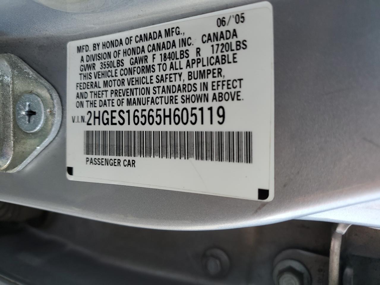 2HGES16565H605119 2005 Honda Civic Lx