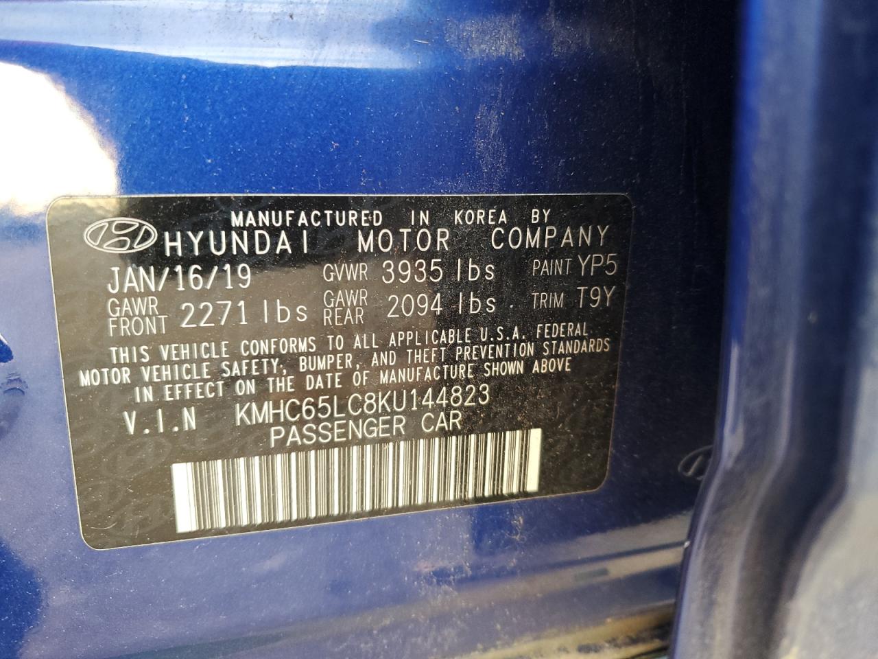 KMHC65LC8KU144823 2019 Hyundai Ioniq Blue