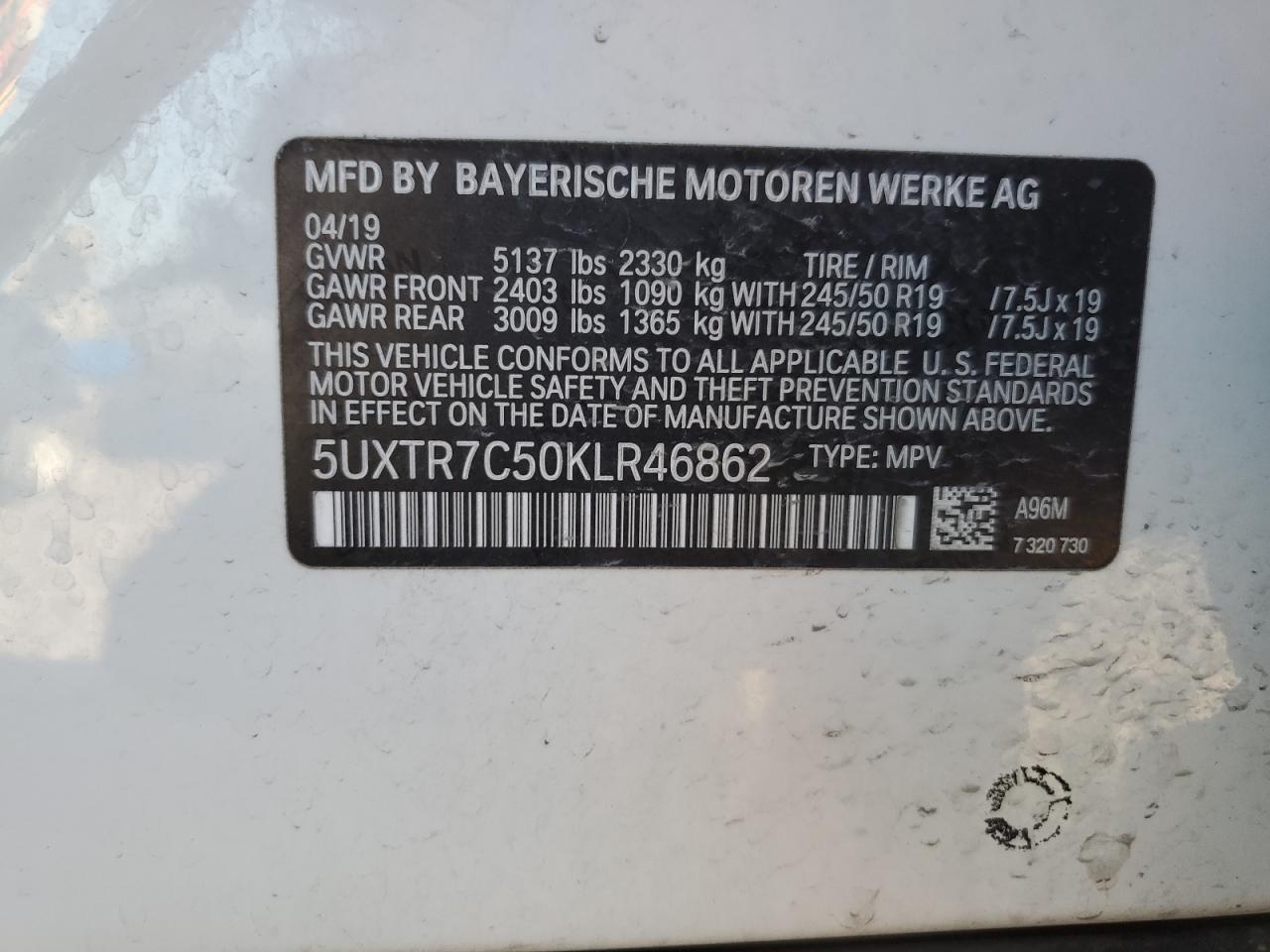 5UXTR7C50KLR46862 2019 BMW X3 Sdrive30I