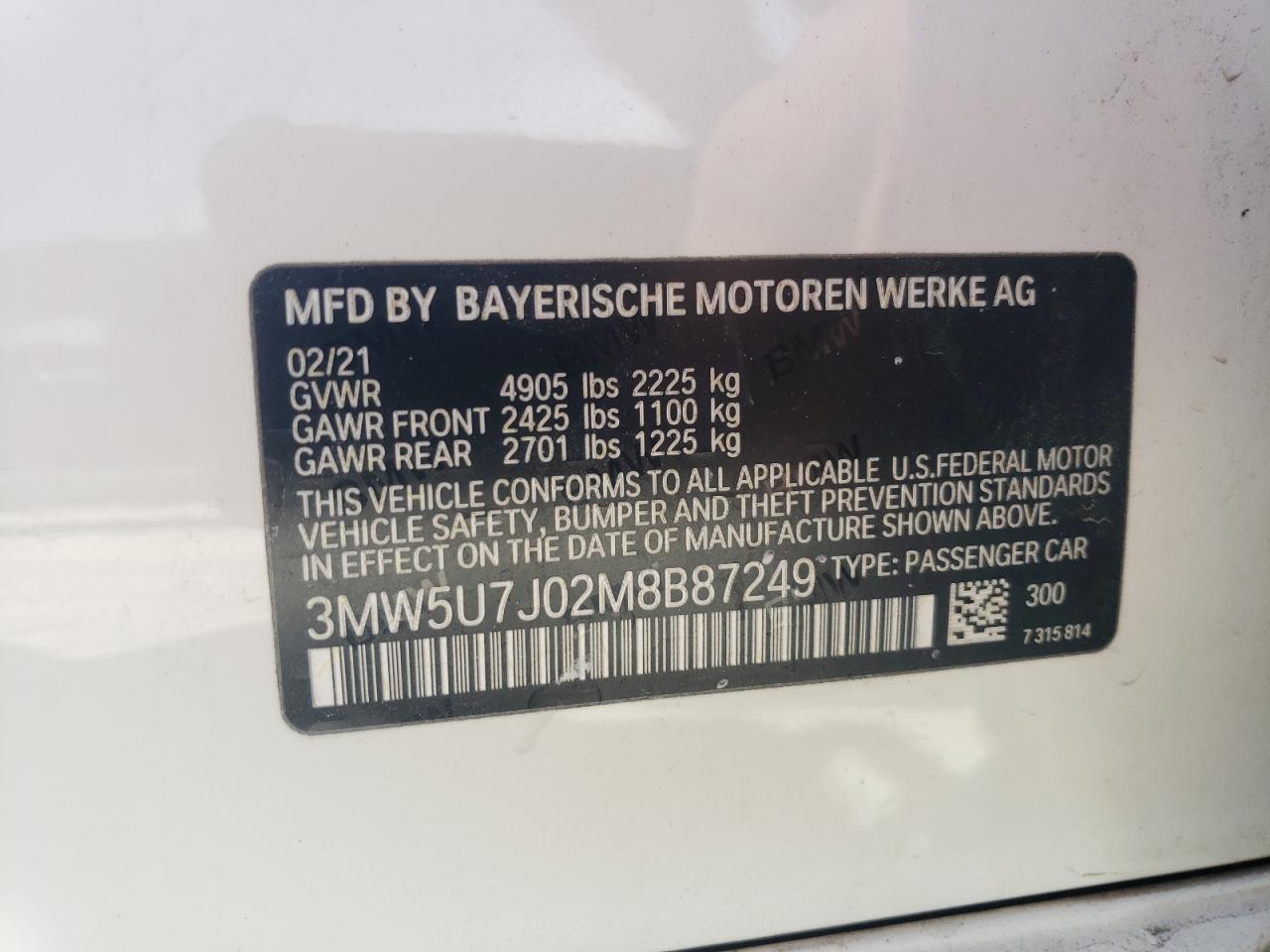 2021 BMW M340I VIN: 3MW5U7J02M8B87249 Lot: 79577354