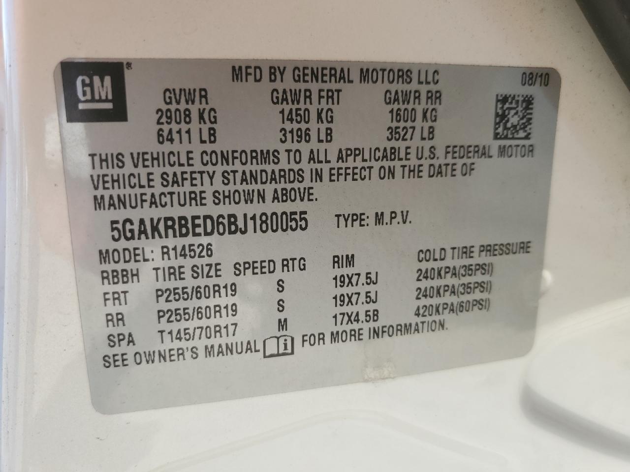 5GAKRBED6BJ180055 2011 Buick Enclave Cxl